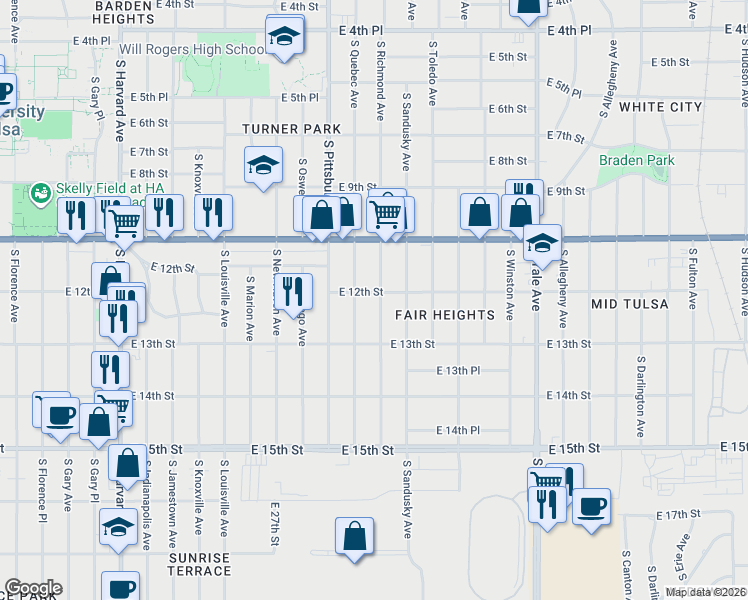 map of restaurants, bars, coffee shops, grocery stores, and more near 1208 South Richmond Avenue in Tulsa