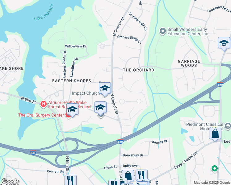map of restaurants, bars, coffee shops, grocery stores, and more near 2 Augusta Court in Greensboro