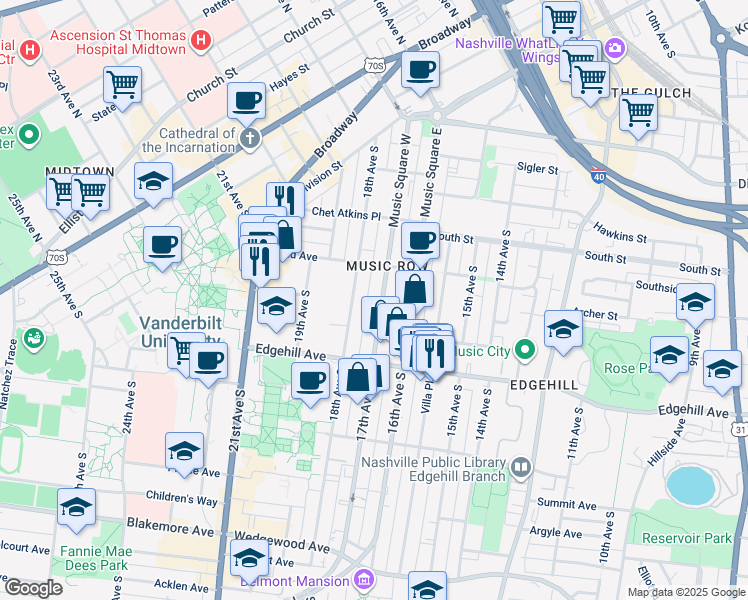 map of restaurants, bars, coffee shops, grocery stores, and more near 1021 17th Avenue South in Nashville