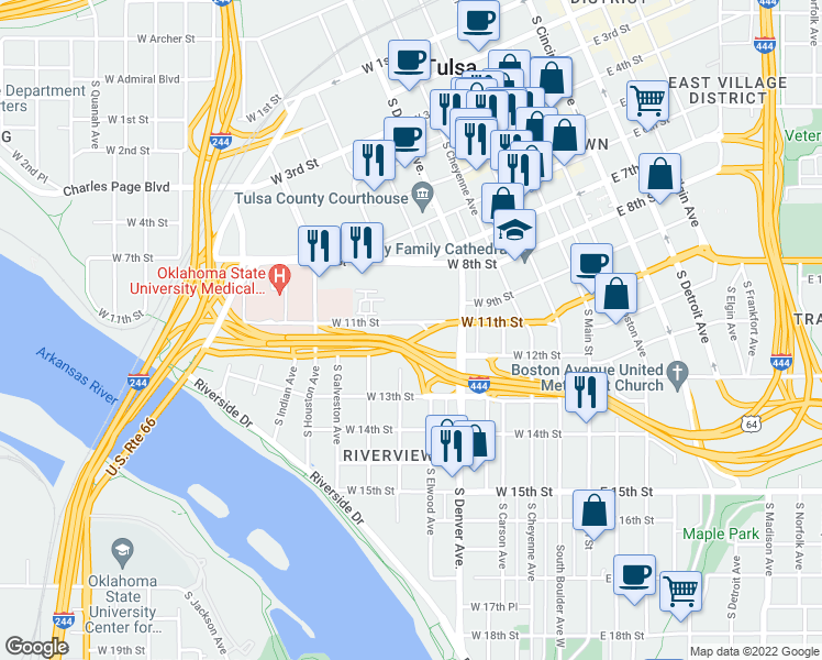 map of restaurants, bars, coffee shops, grocery stores, and more near 420 South 11 Street in Tulsa