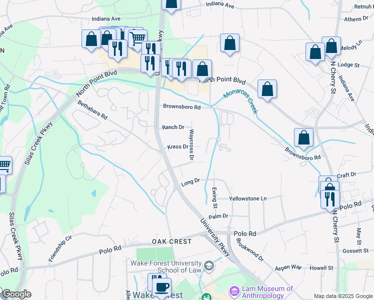 map of restaurants, bars, coffee shops, grocery stores, and more near 1834 Waycross Drive in Winston-Salem