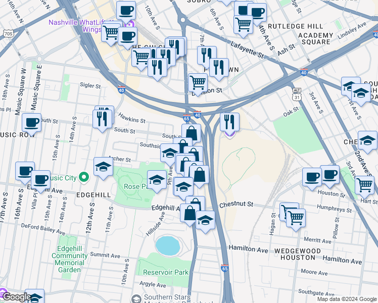 map of restaurants, bars, coffee shops, grocery stores, and more near 928 Tennessee 6 in Nashville