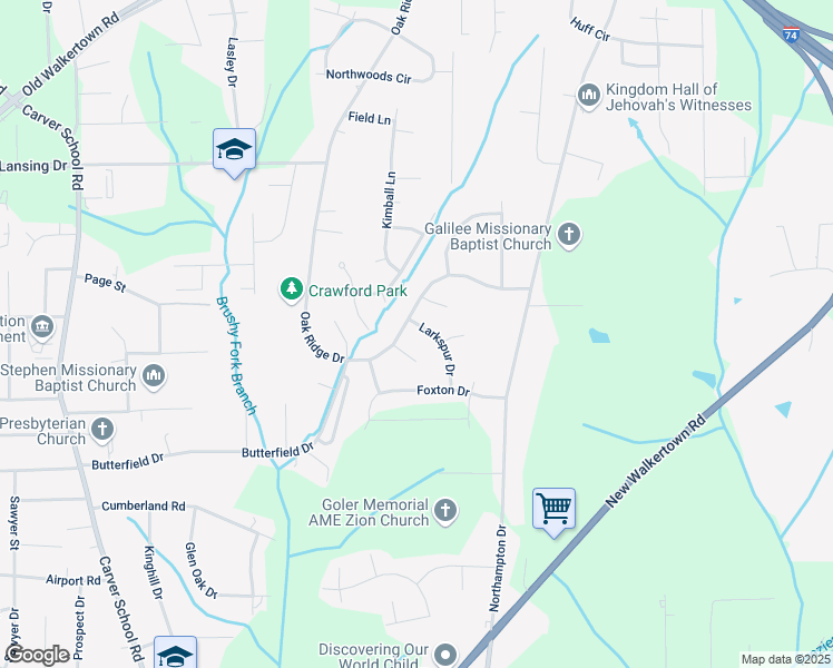 map of restaurants, bars, coffee shops, grocery stores, and more near 4106 Oak Ridge Drive in Winston-Salem