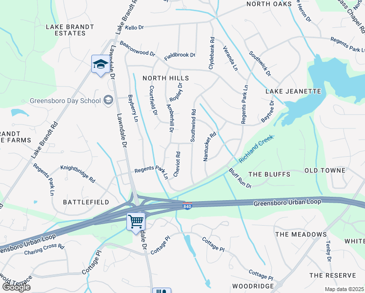 map of restaurants, bars, coffee shops, grocery stores, and more near 5119 Cheviot Road in Greensboro