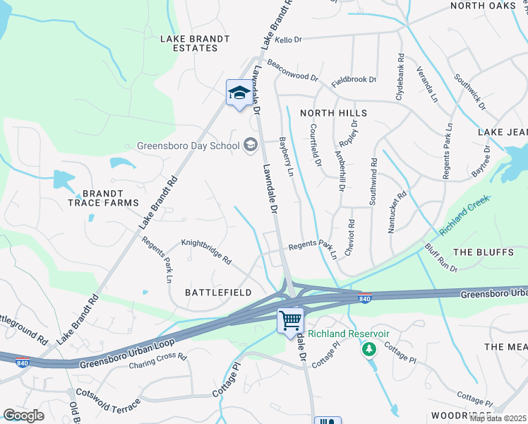 map of restaurants, bars, coffee shops, grocery stores, and more near 5125 Lawndale Drive in Greensboro