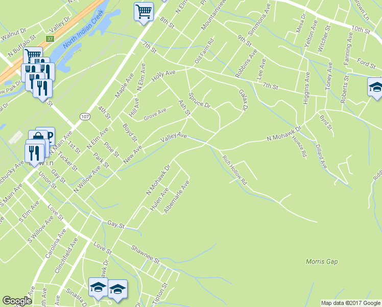 map of restaurants, bars, coffee shops, grocery stores, and more near 410 North Mohawk Drive in Erwin