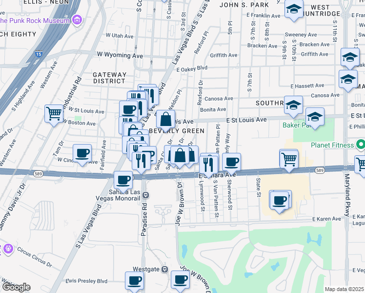 map of restaurants, bars, coffee shops, grocery stores, and more near 2220 Santa Paula Drive in Las Vegas