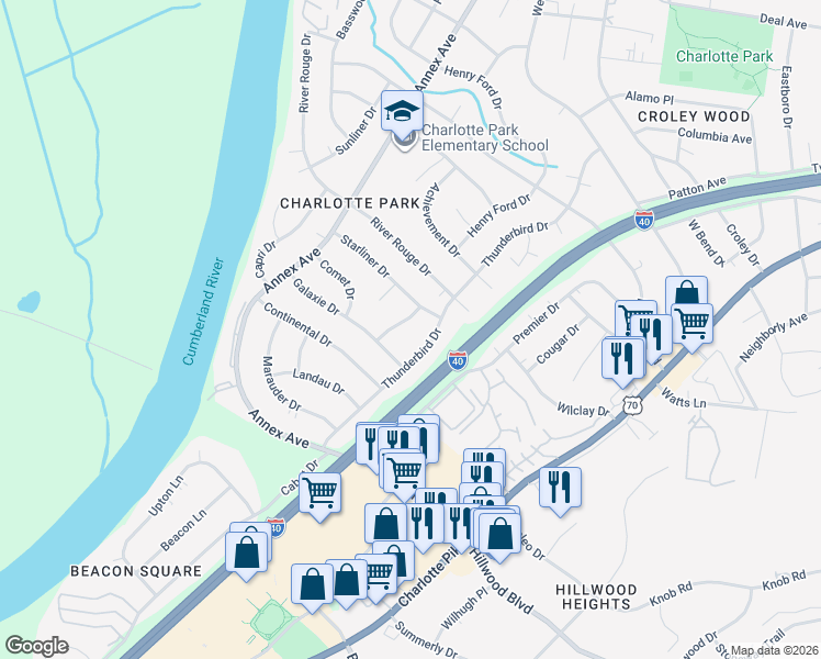map of restaurants, bars, coffee shops, grocery stores, and more near 6413 Ranchero Drive in Nashville