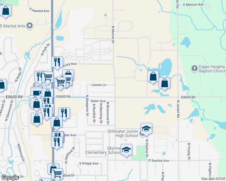 map of restaurants, bars, coffee shops, grocery stores, and more near 1221 East Emma Lane in Stillwater