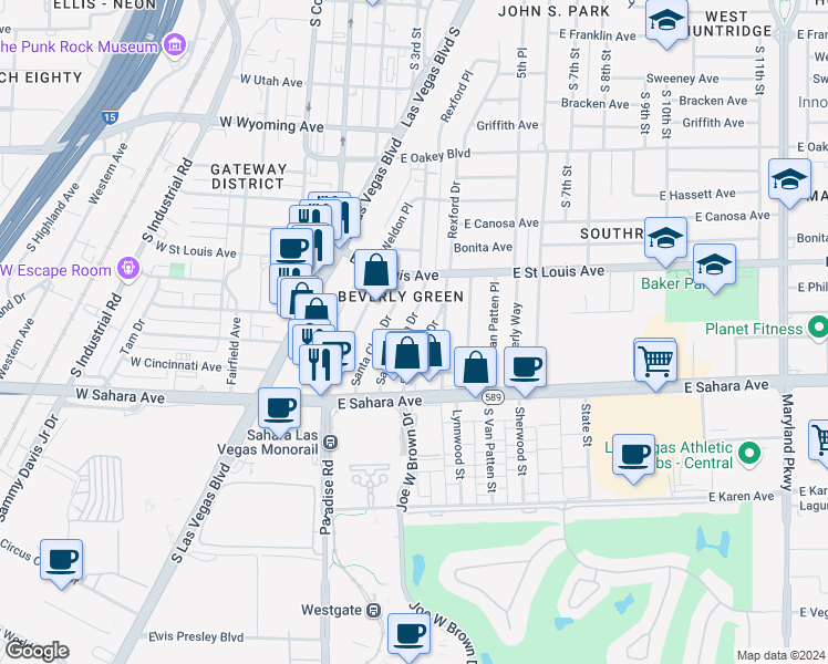 map of restaurants, bars, coffee shops, grocery stores, and more near 2205 Santa Paula Drive in Las Vegas