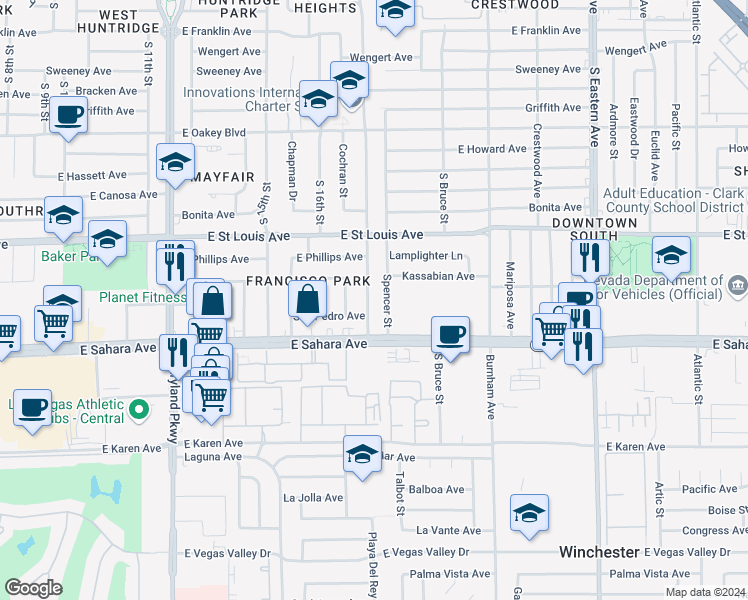 map of restaurants, bars, coffee shops, grocery stores, and more near 2301 South 17th Street in Las Vegas
