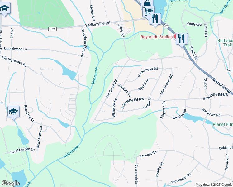 map of restaurants, bars, coffee shops, grocery stores, and more near 4221 Witherow Road in Winston-Salem