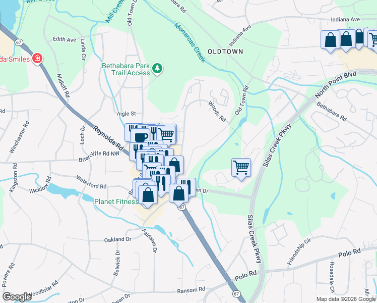 map of restaurants, bars, coffee shops, grocery stores, and more near 1506 Old Town Road in Winston-Salem