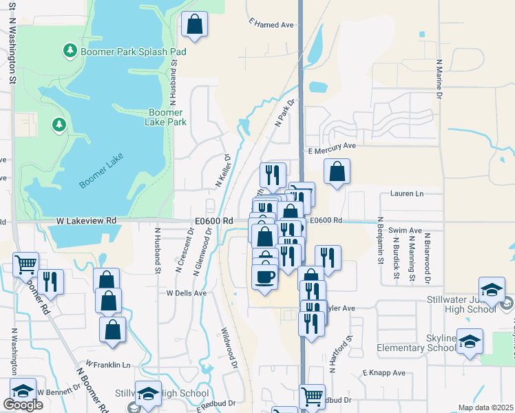 map of restaurants, bars, coffee shops, grocery stores, and more near 2319 North North Star Drive in Stillwater