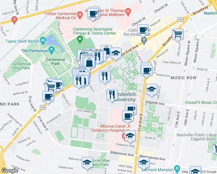 map of restaurants, bars, coffee shops, grocery stores, and more near 100 Vanderbilt Place in Nashville