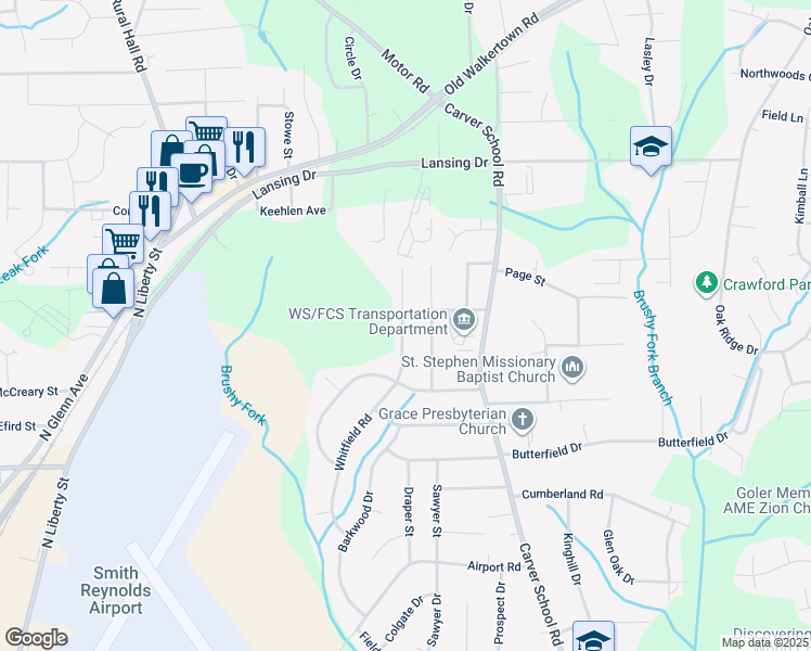map of restaurants, bars, coffee shops, grocery stores, and more near 4133 Whitfield Road in Winston-Salem