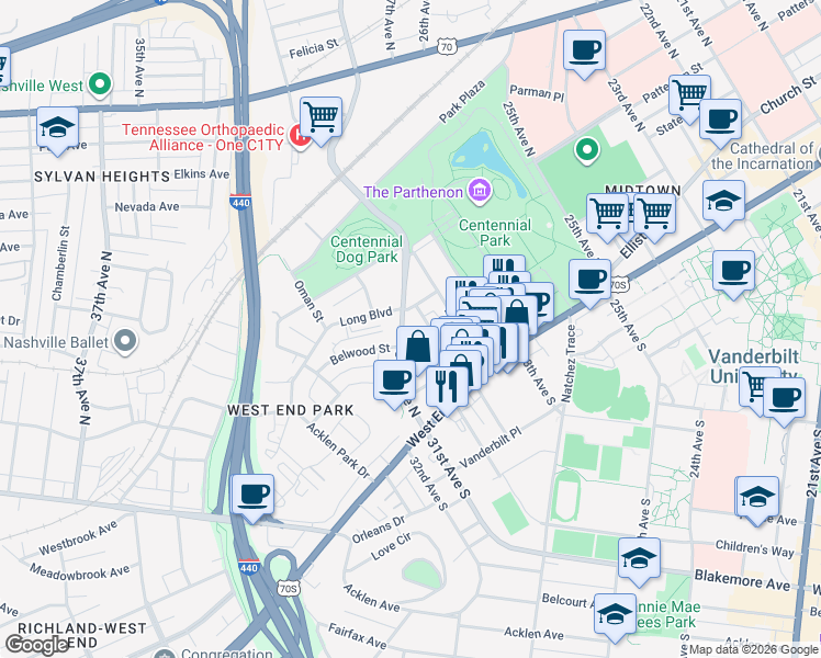 map of restaurants, bars, coffee shops, grocery stores, and more near 3002 Poston Avenue in Nashville