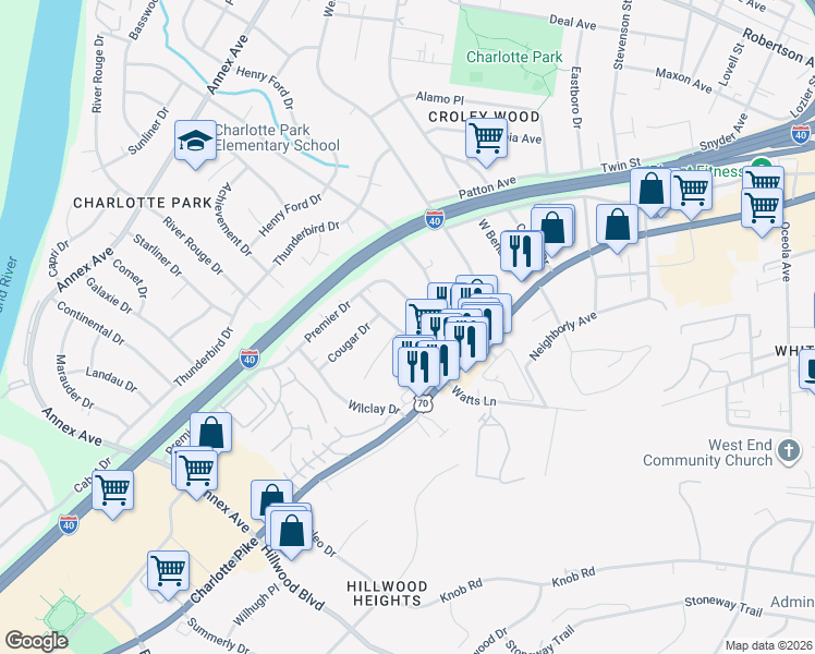 map of restaurants, bars, coffee shops, grocery stores, and more near 404 Mercomatic Drive in Nashville