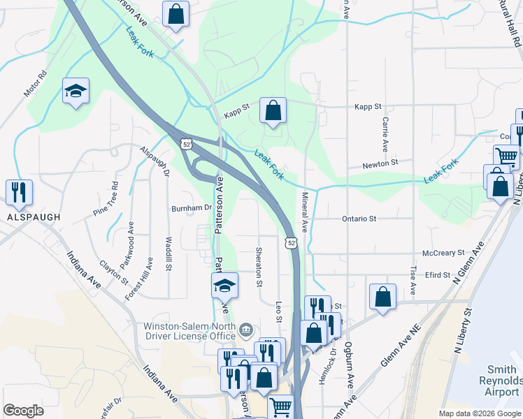 map of restaurants, bars, coffee shops, grocery stores, and more near 4151 Sheraton Street in Winston-Salem