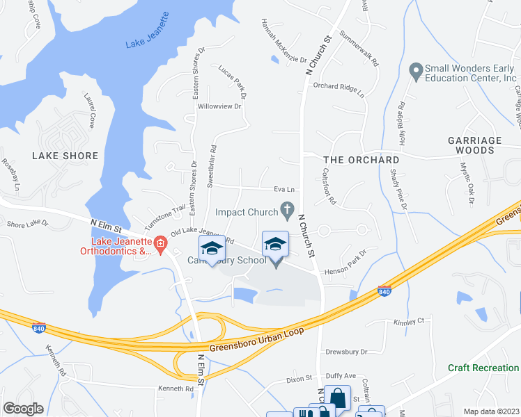 map of restaurants, bars, coffee shops, grocery stores, and more near 4710 Shoreham Road in Greensboro