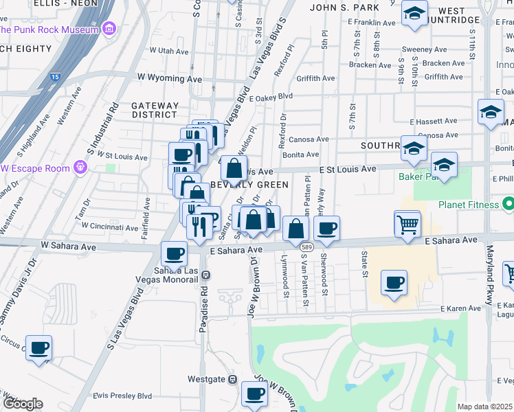 map of restaurants, bars, coffee shops, grocery stores, and more near 2220 Santa Paula Drive in Las Vegas