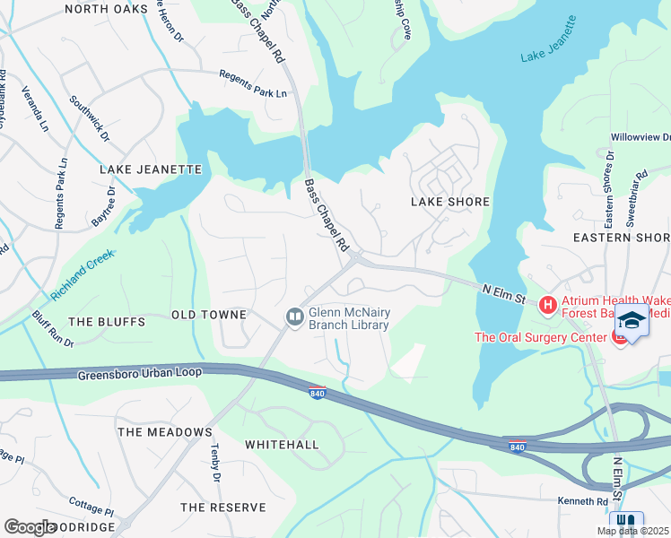 map of restaurants, bars, coffee shops, grocery stores, and more near 122 Shore Lake Drive in Greensboro
