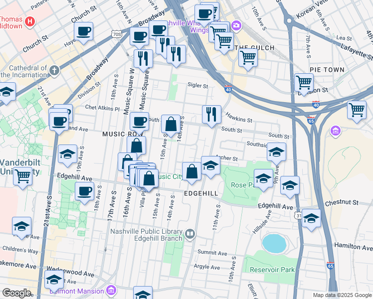 map of restaurants, bars, coffee shops, grocery stores, and more near 113 13th Avenue Circle in Nashville