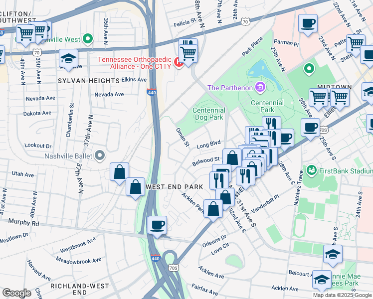 map of restaurants, bars, coffee shops, grocery stores, and more near 3138 Long Boulevard in Nashville