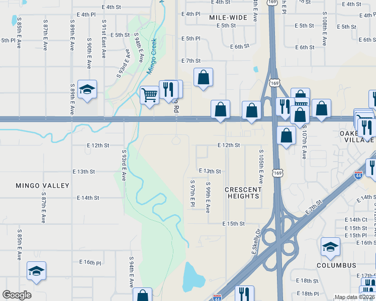 map of restaurants, bars, coffee shops, grocery stores, and more near 1224 South 98th East Avenue in Tulsa