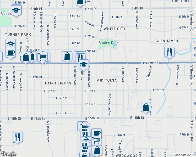 map of restaurants, bars, coffee shops, grocery stores, and more near 1214 South Braden Avenue in Tulsa