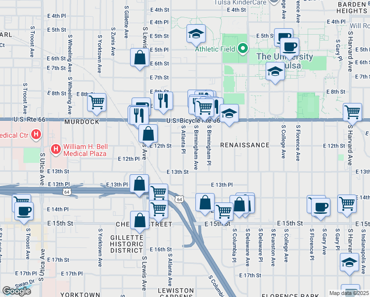 map of restaurants, bars, coffee shops, grocery stores, and more near 1206 South Atlanta Place in Tulsa