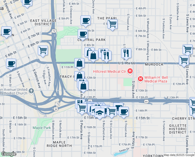 map of restaurants, bars, coffee shops, grocery stores, and more near 1211 South Quincy Avenue in Tulsa
