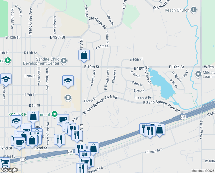 map of restaurants, bars, coffee shops, grocery stores, and more near 1001 Forest Drive in Sand Springs
