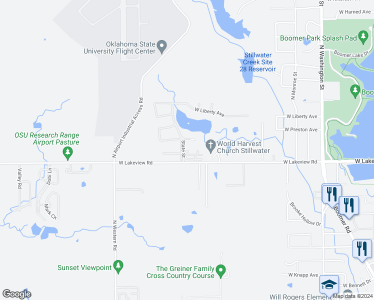 map of restaurants, bars, coffee shops, grocery stores, and more near 1903 West State Lane in Stillwater