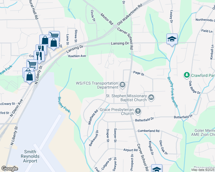 map of restaurants, bars, coffee shops, grocery stores, and more near 4133 Whitfield Road in Winston-Salem