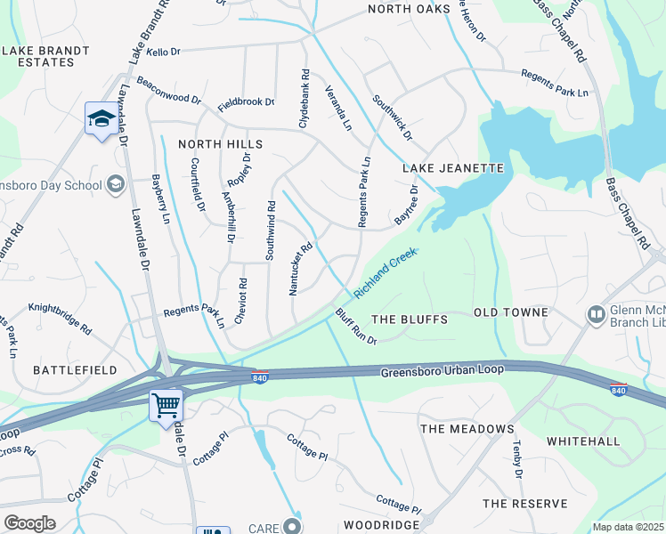 map of restaurants, bars, coffee shops, grocery stores, and more near 2007 Warwickshire Drive in Greensboro