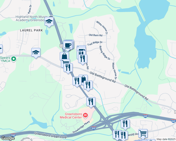 map of restaurants, bars, coffee shops, grocery stores, and more near 5210 Michaux Road in Greensboro
