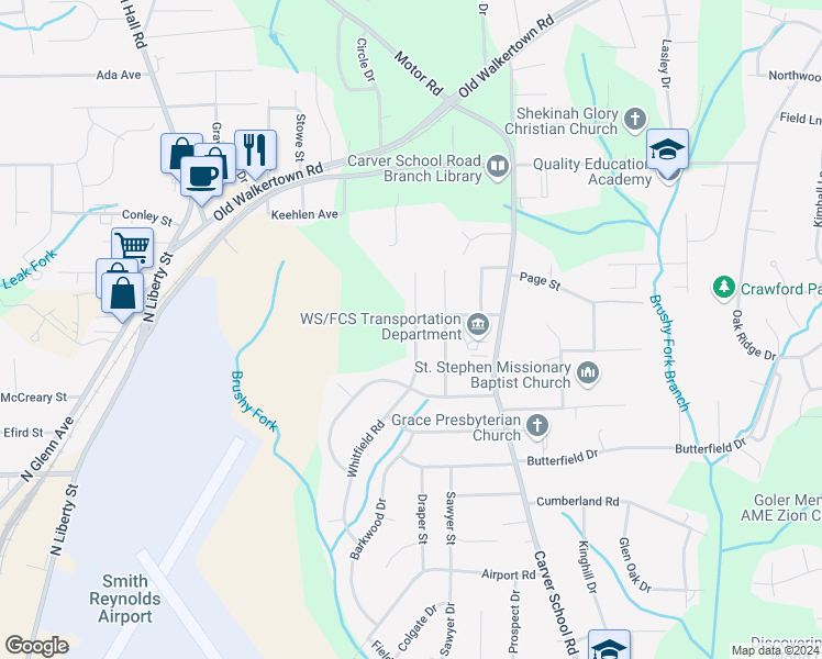 map of restaurants, bars, coffee shops, grocery stores, and more near 4132 Whitfield Road in Winston-Salem