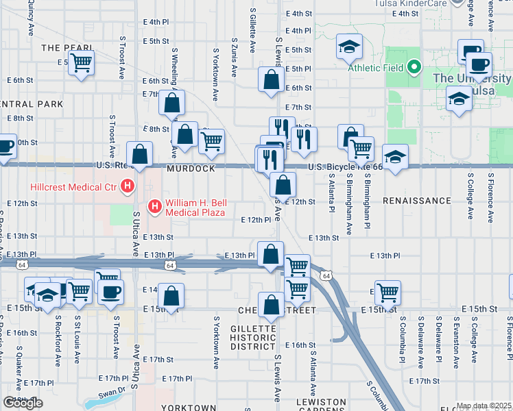 map of restaurants, bars, coffee shops, grocery stores, and more near 2228 East 12th Street in Tulsa