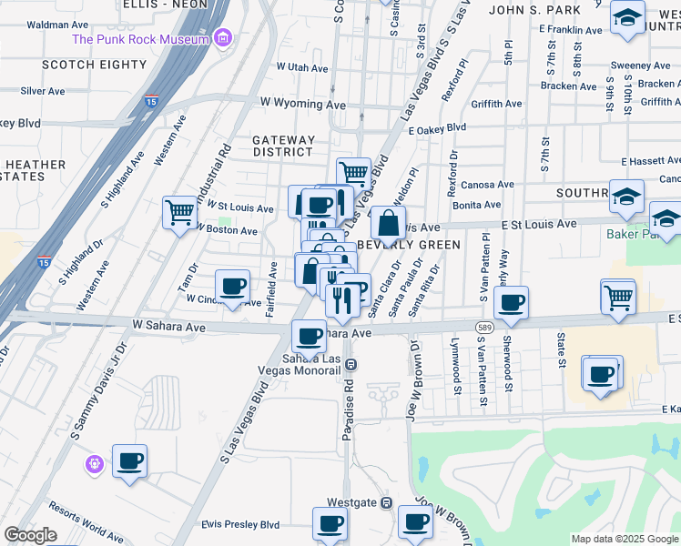 map of restaurants, bars, coffee shops, grocery stores, and more near 2205 South Las Vegas Boulevard in Las Vegas