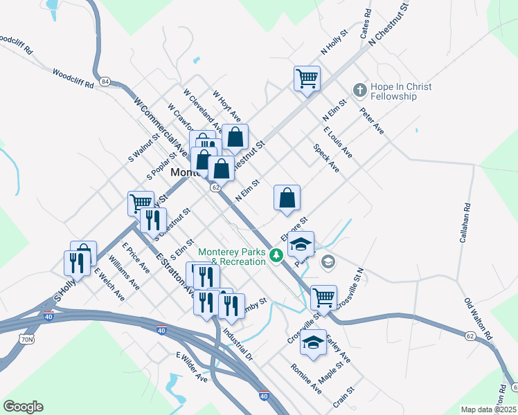map of restaurants, bars, coffee shops, grocery stores, and more near 112 North Elm Street in Monterey