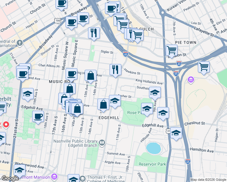 map of restaurants, bars, coffee shops, grocery stores, and more near 1009 12th Avenue South in Nashville