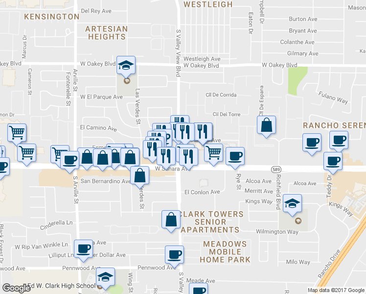 map of restaurants, bars, coffee shops, grocery stores, and more near 2439 South Valley View Boulevard in Las Vegas