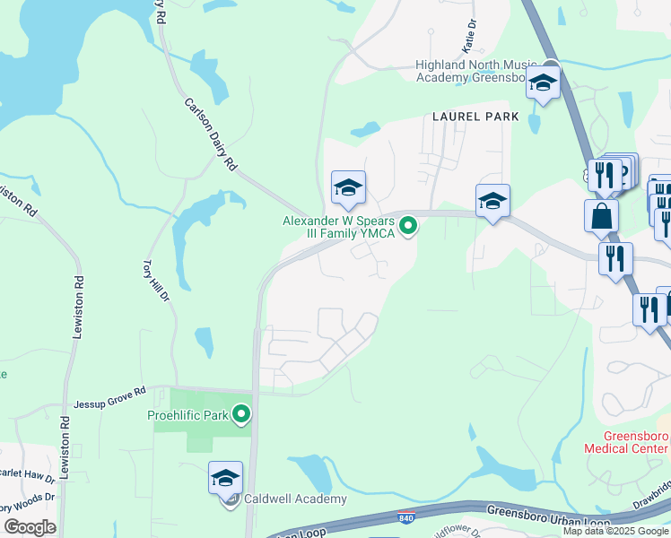 map of restaurants, bars, coffee shops, grocery stores, and more near 4304 Brinton Drive in Greensboro