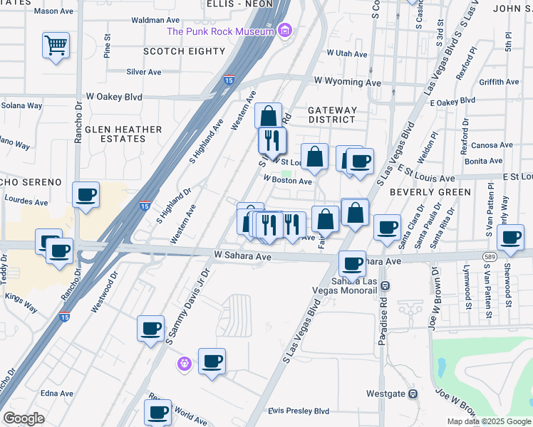 map of restaurants, bars, coffee shops, grocery stores, and more near 324 West Cleveland Avenue in Las Vegas