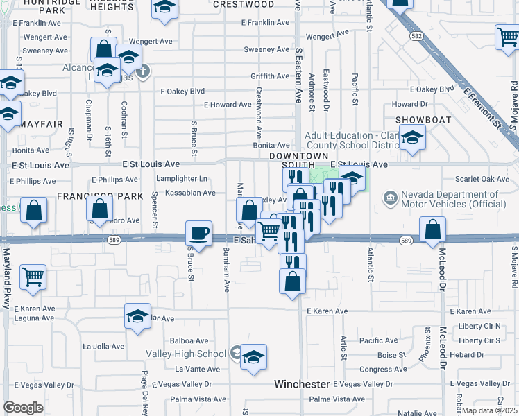 map of restaurants, bars, coffee shops, grocery stores, and more near 2305 Monterey Avenue in Las Vegas