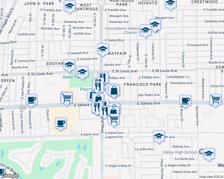 map of restaurants, bars, coffee shops, grocery stores, and more near 1301 San Pedro Street in Las Vegas