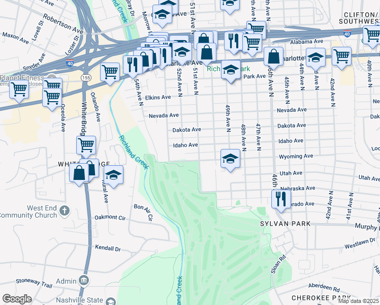 map of restaurants, bars, coffee shops, grocery stores, and more near 5100 Wyoming Avenue in Nashville