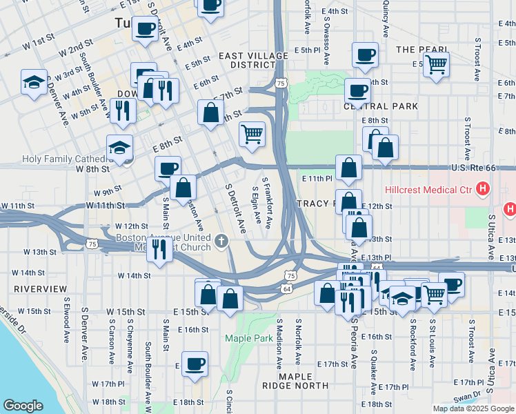 map of restaurants, bars, coffee shops, grocery stores, and more near 404 East 12th Street in Tulsa