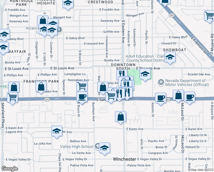 map of restaurants, bars, coffee shops, grocery stores, and more near 2305 Monterey Avenue in Las Vegas